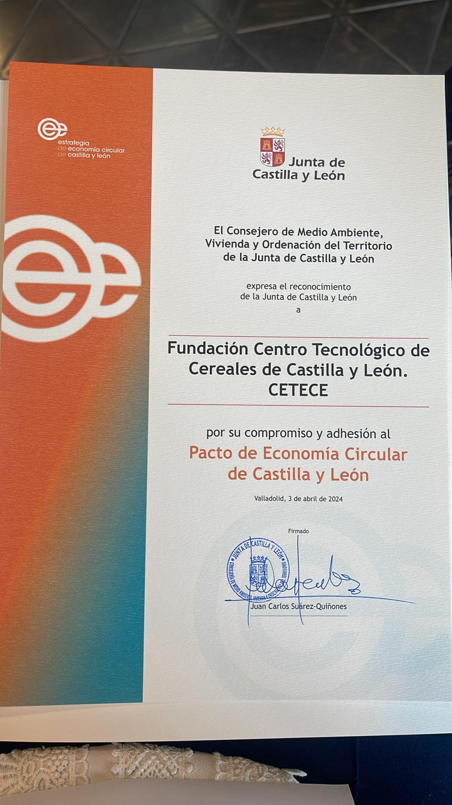CETECE es reconocido por su compromiso y adhesión al pacto de economía circular de Castilla y León