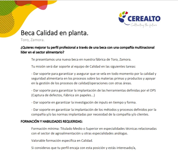 Beca Calidad en planta cerealto
